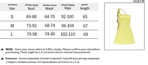 Size chart detail for the yellow one-shoulder satin dress with measurements in centimeters