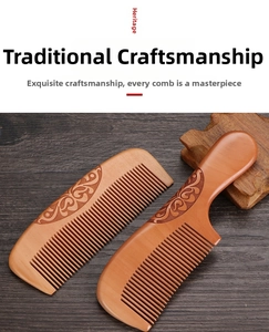 Detail of hand-carved floral patterns on traditional thick peach wood combs set
