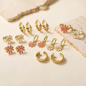 Daisy Earrings And Adjustable Ring Jewelry Women Girls Sweet Enamel Copper Flower Gold Tone