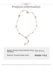Detail view of a 50.2cm titanium steel pearl necklace with weight and size specifications