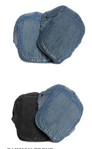 Dettaglio della trama del berretto in denim lavato con cotone spesso e cuciture retrò
