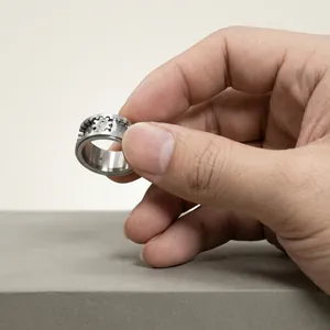 Dettaglio dell'anello rotante in acciaio inossidabile argento con ingranaggi stile industriale