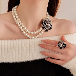 French vintage double layer pearl necklace set with black enamel camellia flower and crystals