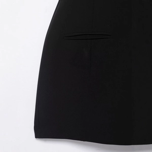 Elegant black off-the-shoulder short dress featuring fine welt pocket and pleat details