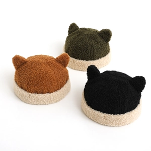 Winter baby faux shearling hat with cute bear ears in brown, dark green, and black