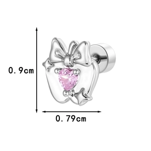 Orecchino a lobo a fiocco in argento con zircone cuore rosa e stella, 0,9x0,79 cm