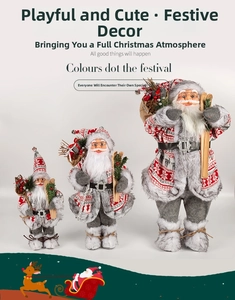 Three plush Santa Claus figurines in red snowflake knit coats with skis and gift bags