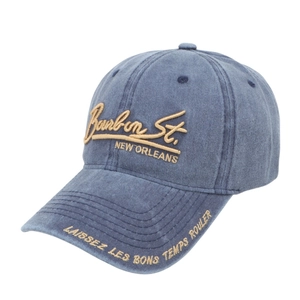 Vintage washed blue baseball cap with gold Bourbon St. embroidery and street style design