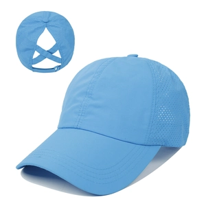Sky blue ponytail baseball cap with criss-cross elastic opening and mesh panels