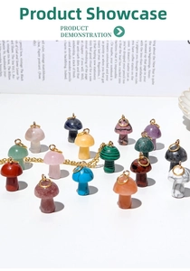 Detailed view of assorted natural crystal mini mushroom pendants on golden chains