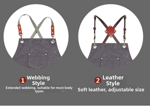 Detail of adjustable cross-back leather straps and webbing options for canvas apron