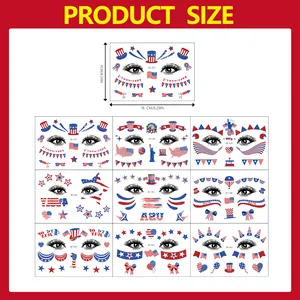 Detailed size chart for USA 250th Independence Day face tattoos with dimensions 16x11cm