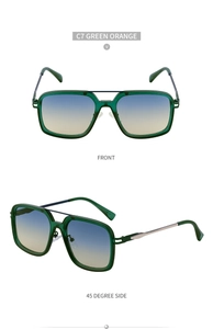 Front and side view of retro green square frame sunglasses with orange gradient lenses