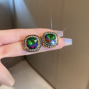 Boucles D'oreilles Carrées Rétro Avec Pierre Gemme Colorée Irisée Strass Alliage Et Tige En Argent Sterling 925 Pour Femmes