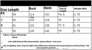 Detailed size chart for women's reversible jacket with canvas fabric measurements in CM