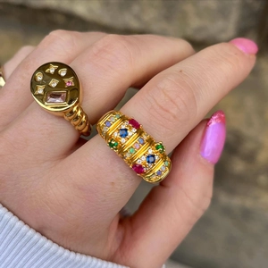 Anillo De Sello Cobre Bañado En Oro Circón Gemas De Colores Estrella Luna Ovalado Joyería Celestial Para Mujer