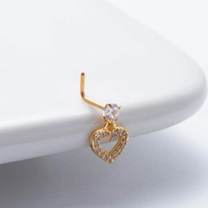 Gold plated stainless steel L-shape nose stud with hollow heart zircon pendant