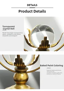 Detail of high-transparency crystal ball with golden metal lotus leaf base ornament