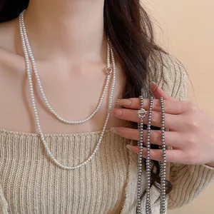 Vintage French Style Multi Layer Long Necklace For Women With Glass Artificial Pearl And Copper Flower Toggle Clasp Sweater Chain