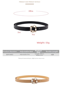 Size chart for thin PU leather belt with rhinestone buckle showing 100cm length and 2cm width