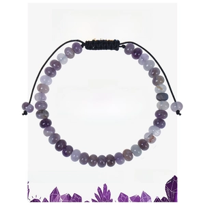 Detailed view of handmade Amethyst beaded bracelet on informative healing card