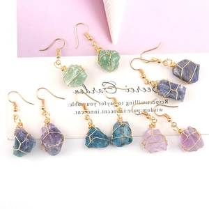 Handmade gold wire wrapped natural raw crystal quartz stone earrings in five vibrant colors