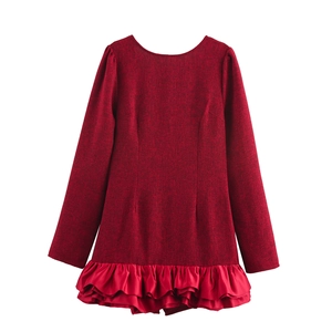 Vestito Mini Manica Lunga Girocollo Schiena Scoperta Orlo Con Volant A Strati Tweed Texturizzato Elegante Rosso Scuro Donna