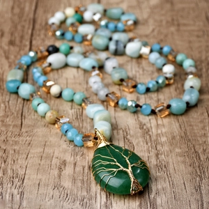 Amazonite beaded necklace with Tree of Life wire wrapped green teardrop pendant