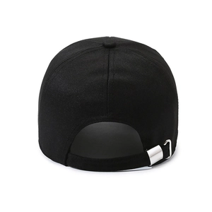 Rear view of black cotton baseball cap featuring an adjustable silver metal buckle strap