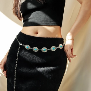 Elegant silver metal waist chain with round turquoise stones for stylish dresses