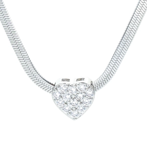 Minimalist silver snake chain necklace with a sparkling heart pendant and white zircon stones
