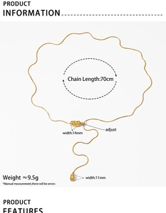 Macro view of adjustable irregular gold geometric necklace with measurement details