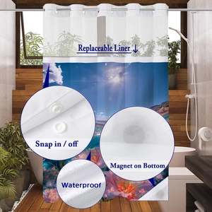 Detail of waterproof waffle shower curtain with snap-in liner and weighted magnetic bottom