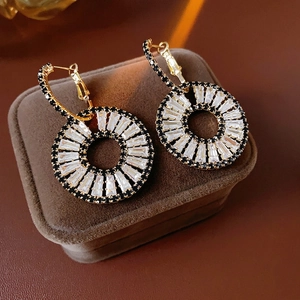 Luxury Round Geometric Hoop Earrings Gold Plated Copper With Zircon Rhinestone And 925 Sterling Silver Earring Post
