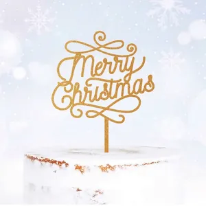 Sparkling gold Merry Christmas acrylic cake topper with elegant scroll patterns on cake