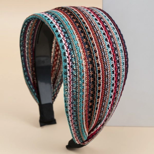 Wide colorful woven headband with striped patterns and comfortable inner lining for women