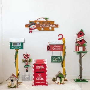 Christmas wooden birdhouse and Santa mail mailbox decorations set for holiday display