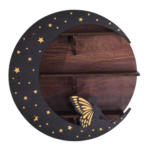 Detail of crescent moon wooden shelf with fairy silhouette and yellow stars pattern