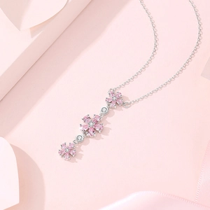 S925 silver necklace with three pink plum blossom pendants and clear zircon stones
