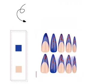 Extra long stiletto press-on nails featuring blue base and red flame pattern accents