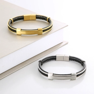 Men's double-row braided cable bracelet with stainless steel accents in gold and silver