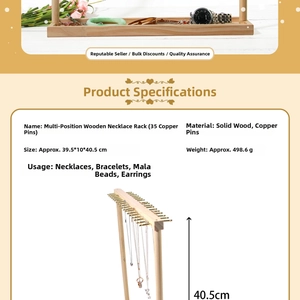 Macro view of wooden jewelry display stand with 35 copper hooks for necklaces