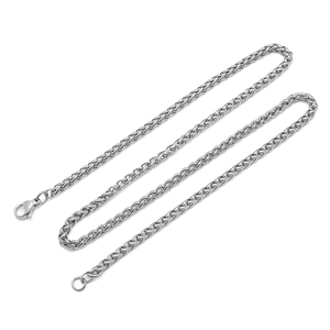 Detail shot of a silver braided stainless steel chain necklace with lobster clasp