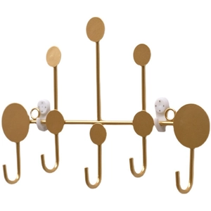Golden circular metal wall rack with five hooks for entryway coats and hats hanging