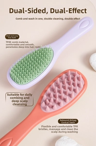 Macro detail of dual-sided hair brush showing TPEE massage bristles and long-handle design