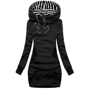 Slim fit long sleeve hoodie dress in black with striped hood lining and drawstrings