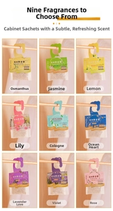 9 scents of hanging wardrobe sachets in colorful packaging for closets and cars