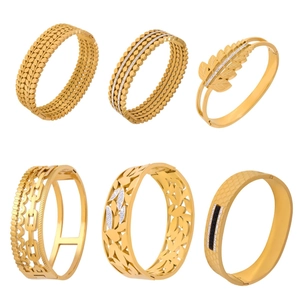 Collection of six vintage-inspired gold-plated titanium steel bracelets with hollow patterns