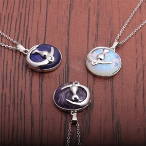 Cat On Moon Pendant Necklace Stainless Steel Chain Natural Amethyst Lapis Lazuli Opalite Stone Jewelry