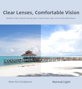 Polarized lens effect comparison showing anti-glare and HD vision in a beach scene